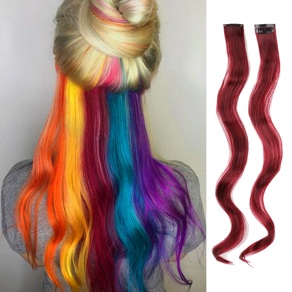 

Clip in Hair Extensions Synthetic 10Pcs Colored Curly Wave Hair Extensions Party Highlights Long Curly Hairpieces for Women