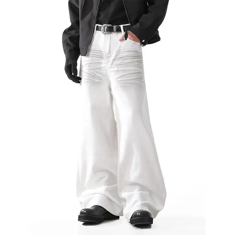 

Cleanfit White Distressed Loose Straight Leg Jeans Men's Fashion Versatile Vintage Washed Wide Leg Long Pants