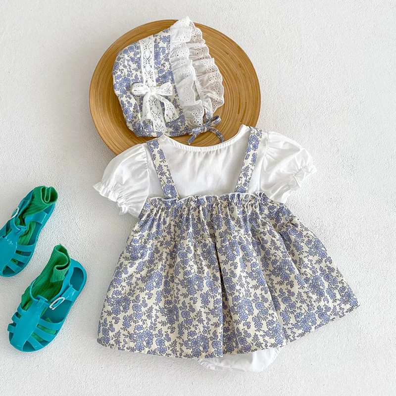 2024 New Summer 0-24M Children Clothes Newborn Baby Girl Romper+Hat Short Sleeved Cotton Print Splicing Toddler Baby Jumpsuit