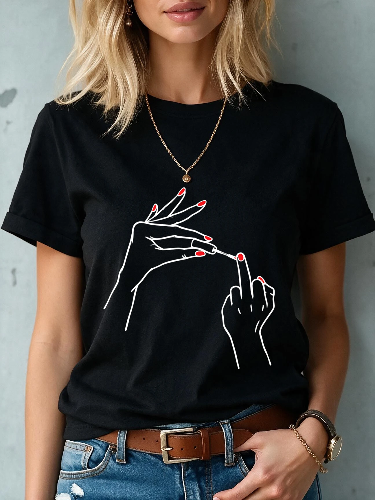 Women'S Graphic T-Shirt with Fingers in Red Nail Polish Partten Print Casual Short Sleeve T Shirt Vintage Tops Clothes Female