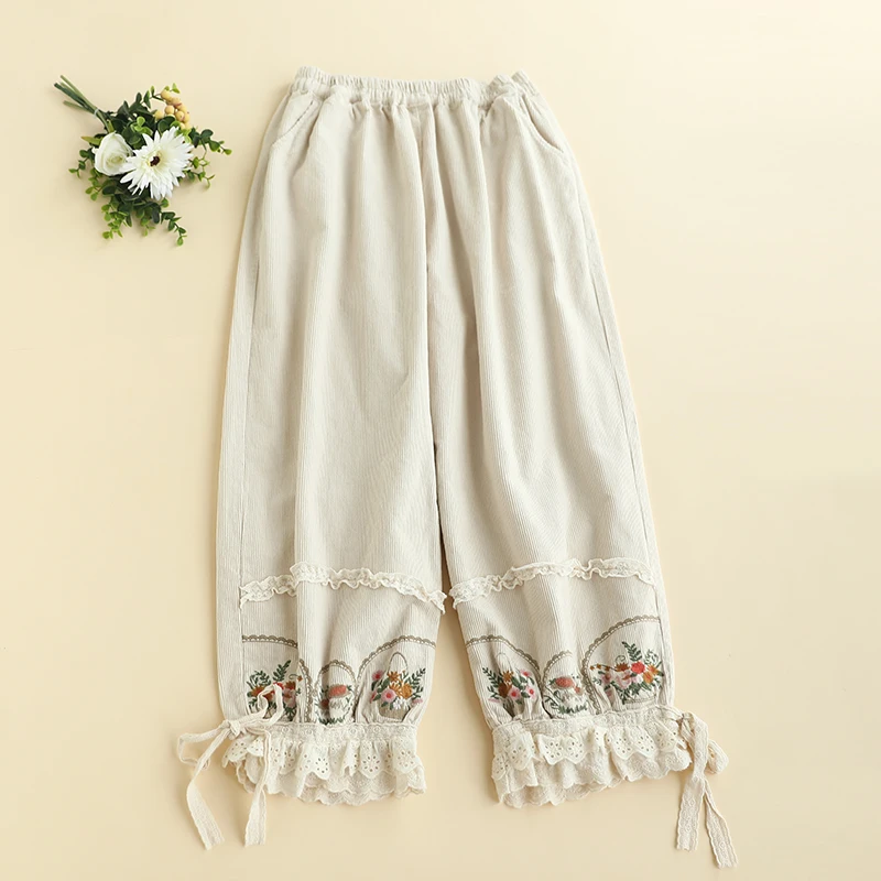 Autumn New Sweet Embroidered Corduroy Pants Women Elastic Waist Casual Pants