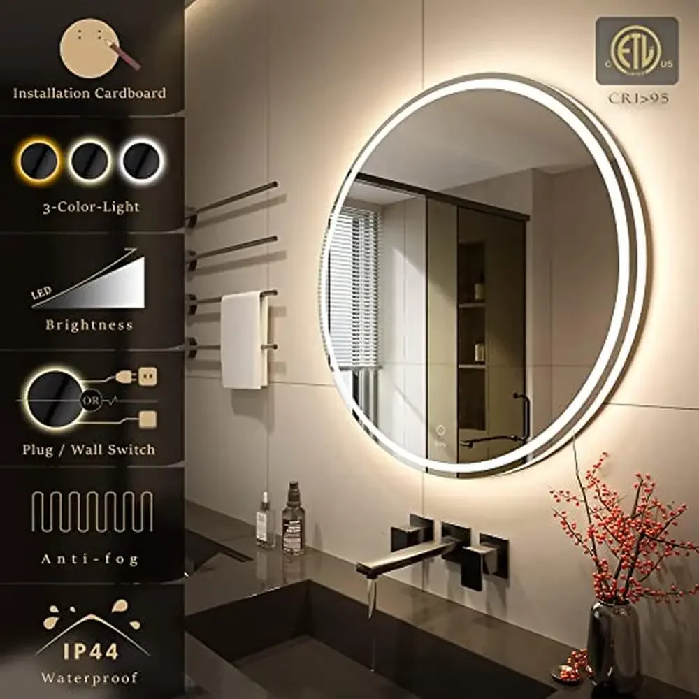 28 Inch LED Round Bathroom Vanity Mirror Adjustable Color Temperature Anti-fog Dimmable Lights Wall Mount Installation Kit