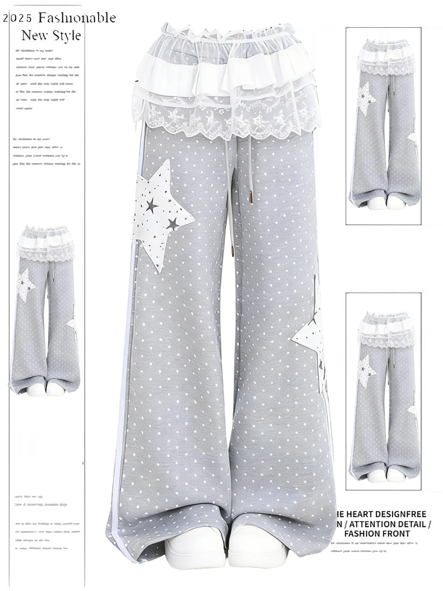 

Loose Straight Leg Pants Women's Spring Autumn New Sle Light Subculture Polka Dot Star Patch Casual Pants Slimming Effect