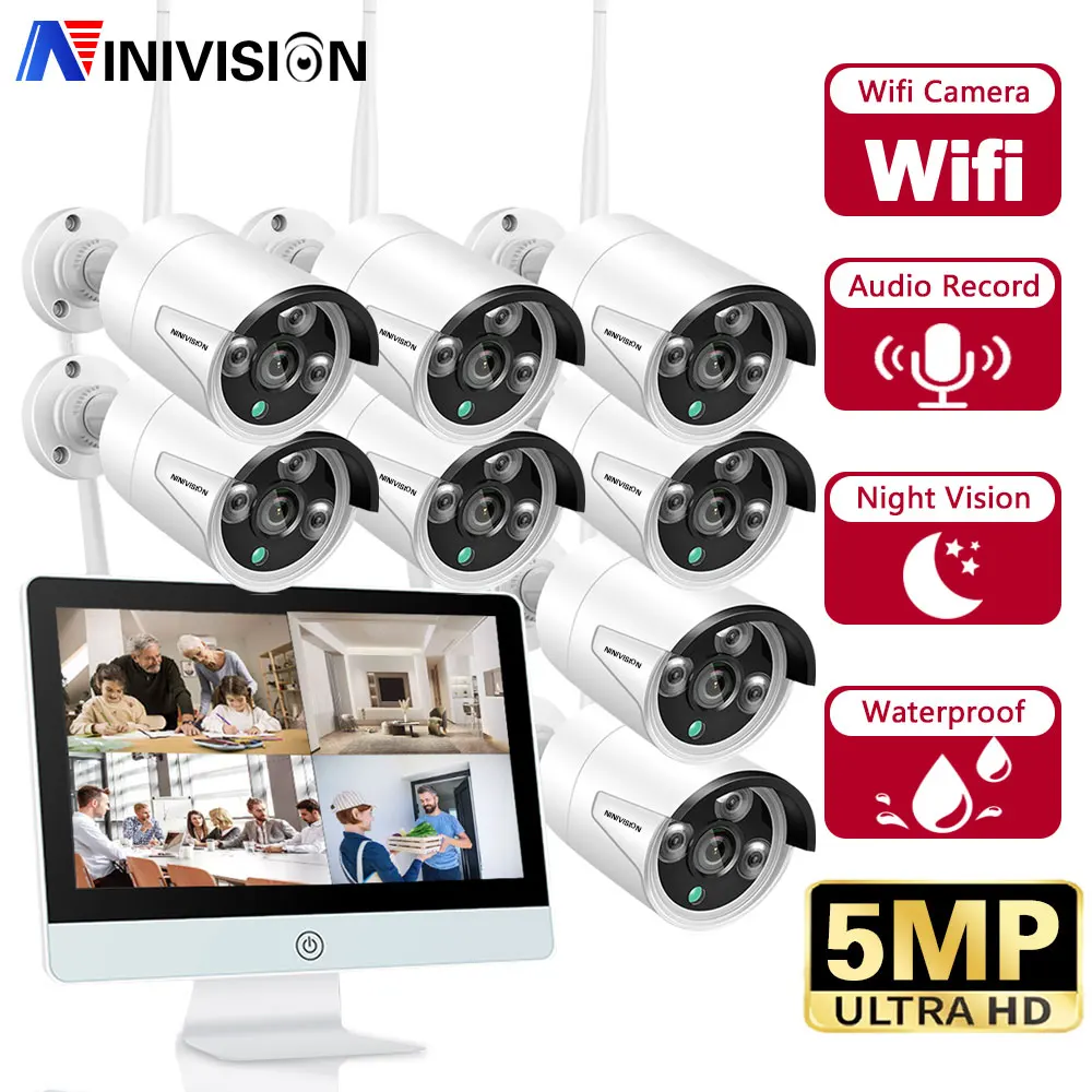 

8CH 5MP Audio Smart AI WiFi Camera System 15.6" LCD Monitor Wireless NVR Kit P2P Motion Detection H.265 Video Surveillance Set