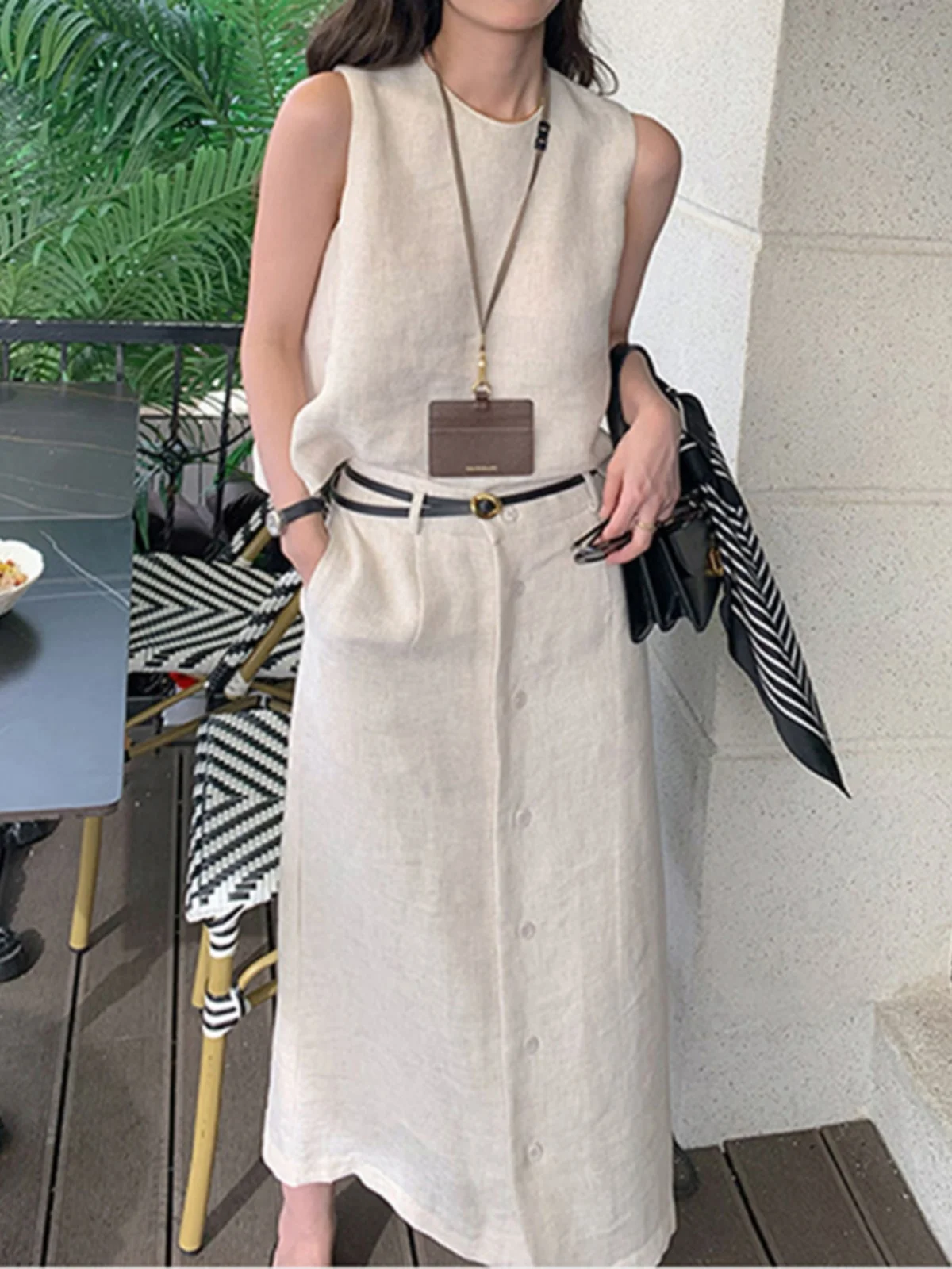 

Ele Linen round Ne Svel Top And A-Line Skirt Two-Piece Set for Women Summer Faion Outfit Lightweight Luxury