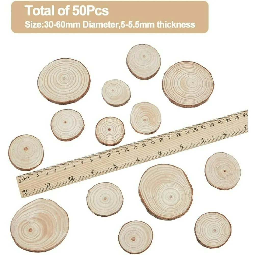 50Pcs Unfinished Natural Wood Slices Small Poplar Christmas Cabochons Wooden Circles Tree Slices Flat Round Decorations