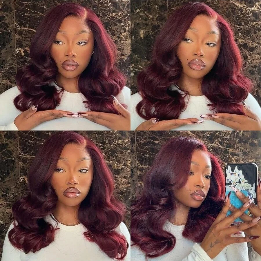 200% 8-18 borgonha 13x4 hd transparente laço frontal perucas de cabelo humano 99j colorido onda do corpo brasileiro pré arrancado com cabelo do bebê