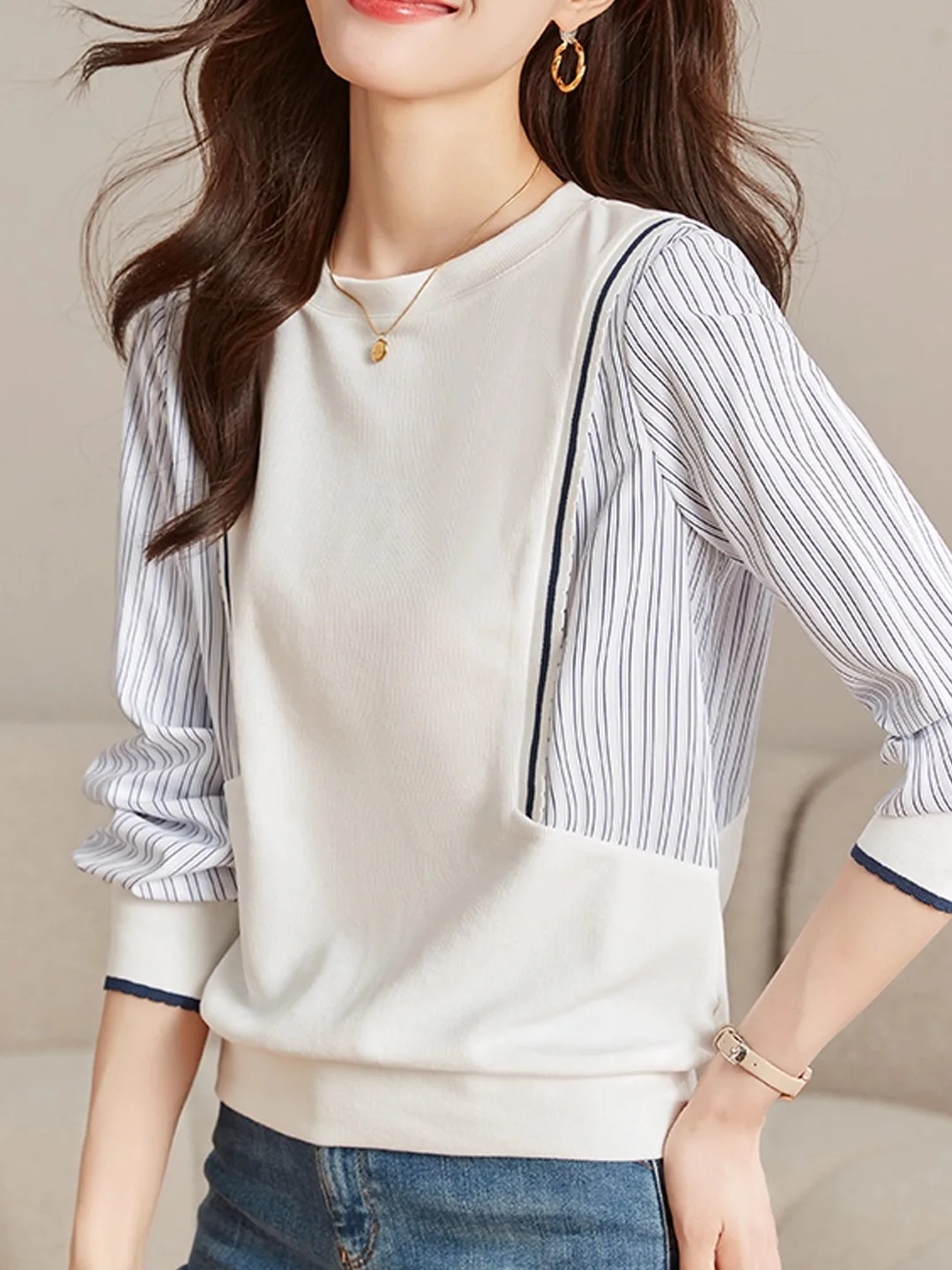 

Women's Long Sve Knitted T-irt Color Blo Base Layer irt Slimming Early Autumn Spring Faion New Sle Versatile Top