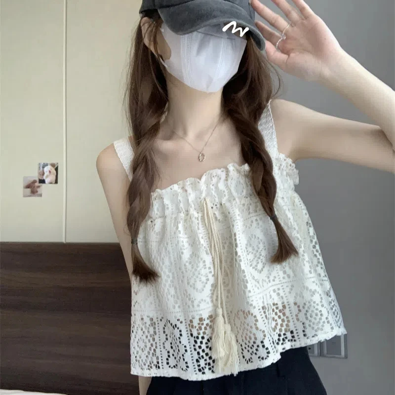 

New Sweet Lacing Drawstring Doll Loose Sleeveless Strap Top Shirt Solid Color Hollow Out Casual All-match Korean Women Clothing