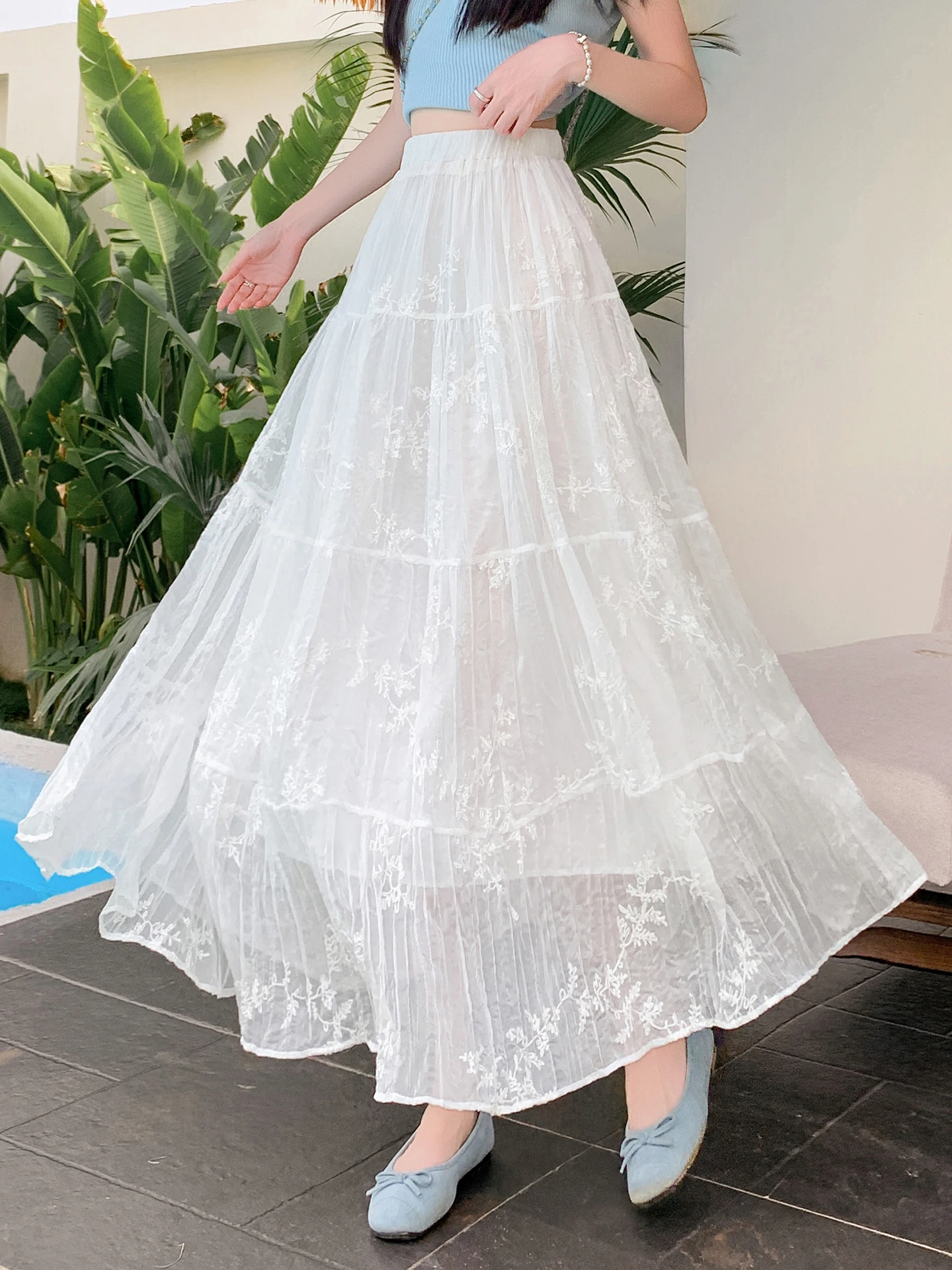 

Элегантная женская юбка А-силуэта с высокой талией, кружевной вышивкой и широким подолом, летняя, мягкая и красивая, из полиэфирного волокна