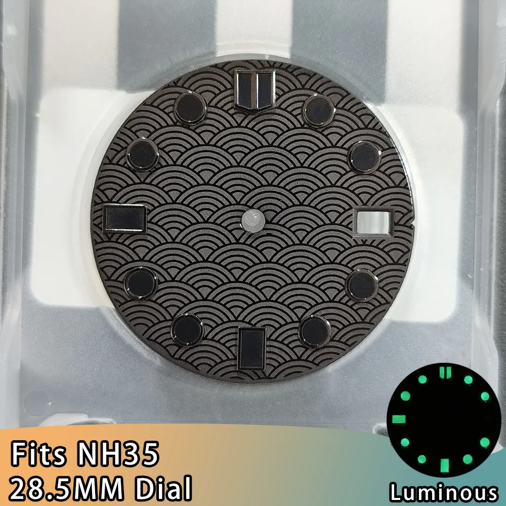 Esfera de 28.5MM para reloj NH35, diseño de escamas de pez, esfera con patrón de escamas de pez NH35, esfera de calendario simple NH35 de 28.5MM, accesorios para esfera NH35