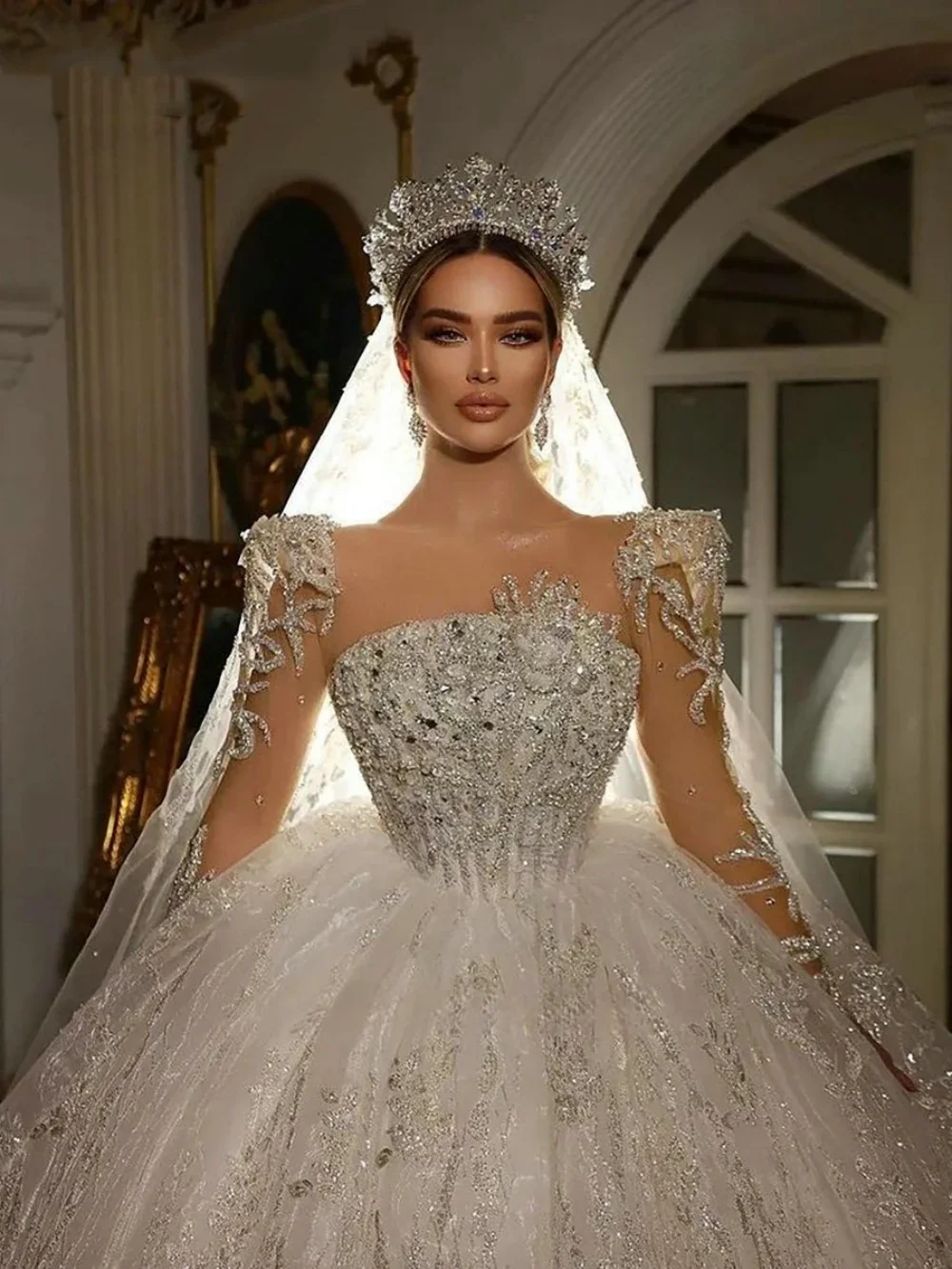 

Luxury Bride Wedding Dress Long Sleeves Court Trian Sparkly Sequines Princess Ball Gown Custom Made 2024 Vestido De Novia