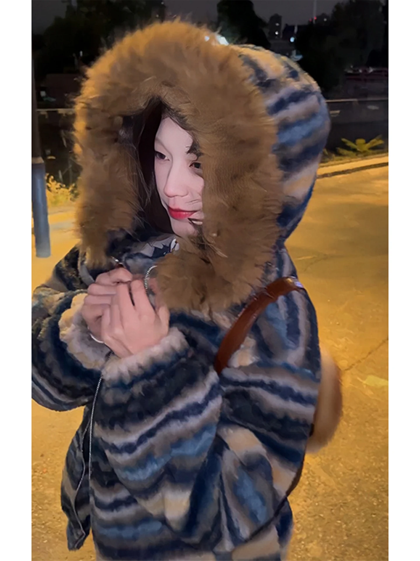 

Зимнее пальто унисекс с меховым воротником и капюшоном, винтажное, в полоску, на молнии, теплое, повседневное