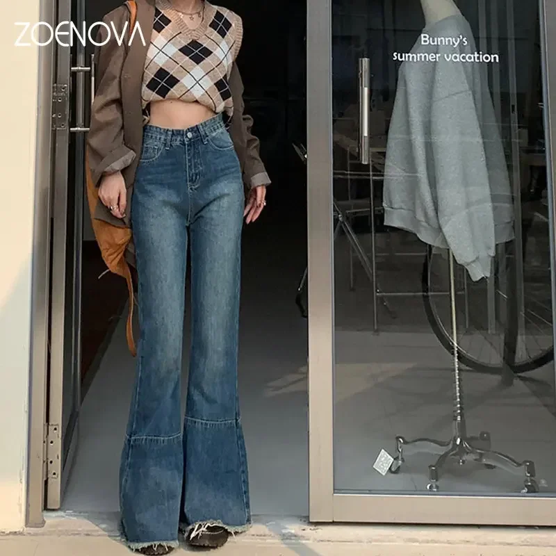 ZOENOVA 2023 Harajuku Tassel Hems Y2K Dark Blue High Waist Streetwear Jeans Baggy Women Non Strech Straight Wide Leg Flare Pants