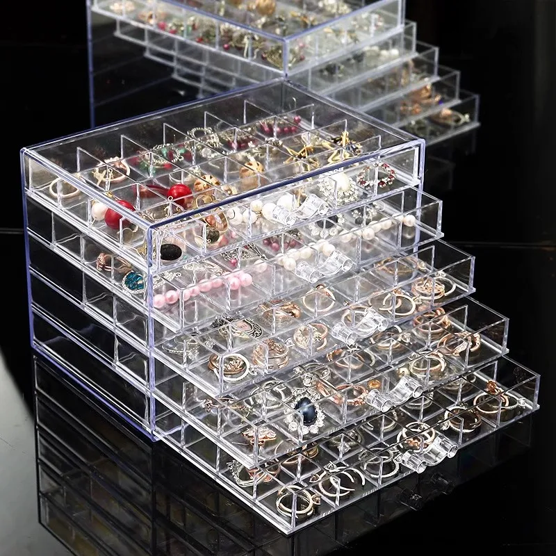 Earring earring storage box, jewelry storage box, 5 drawers transparent jewelry display rack, with 120 small lattice jewelry box