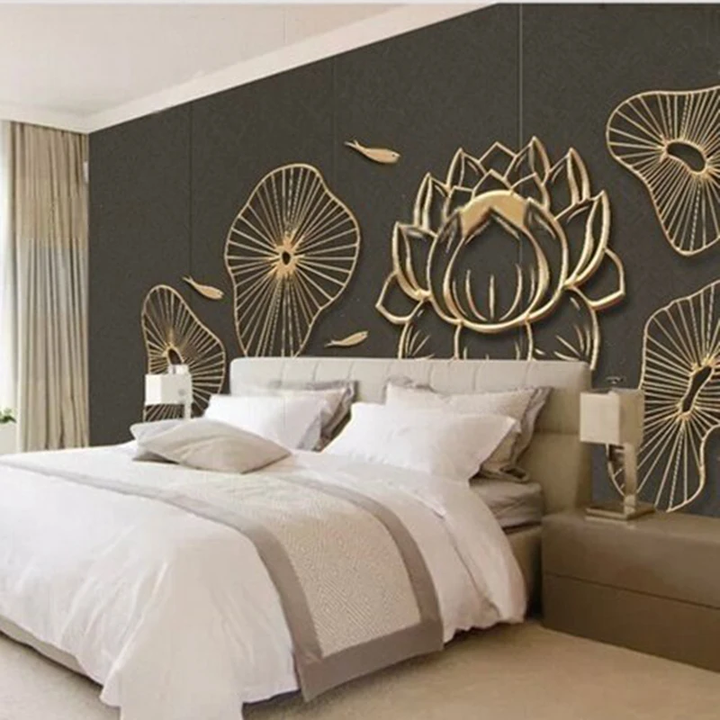 MU8992 Modern and simple three-dimensional metal line TV background wall with lotus flowers and leaves