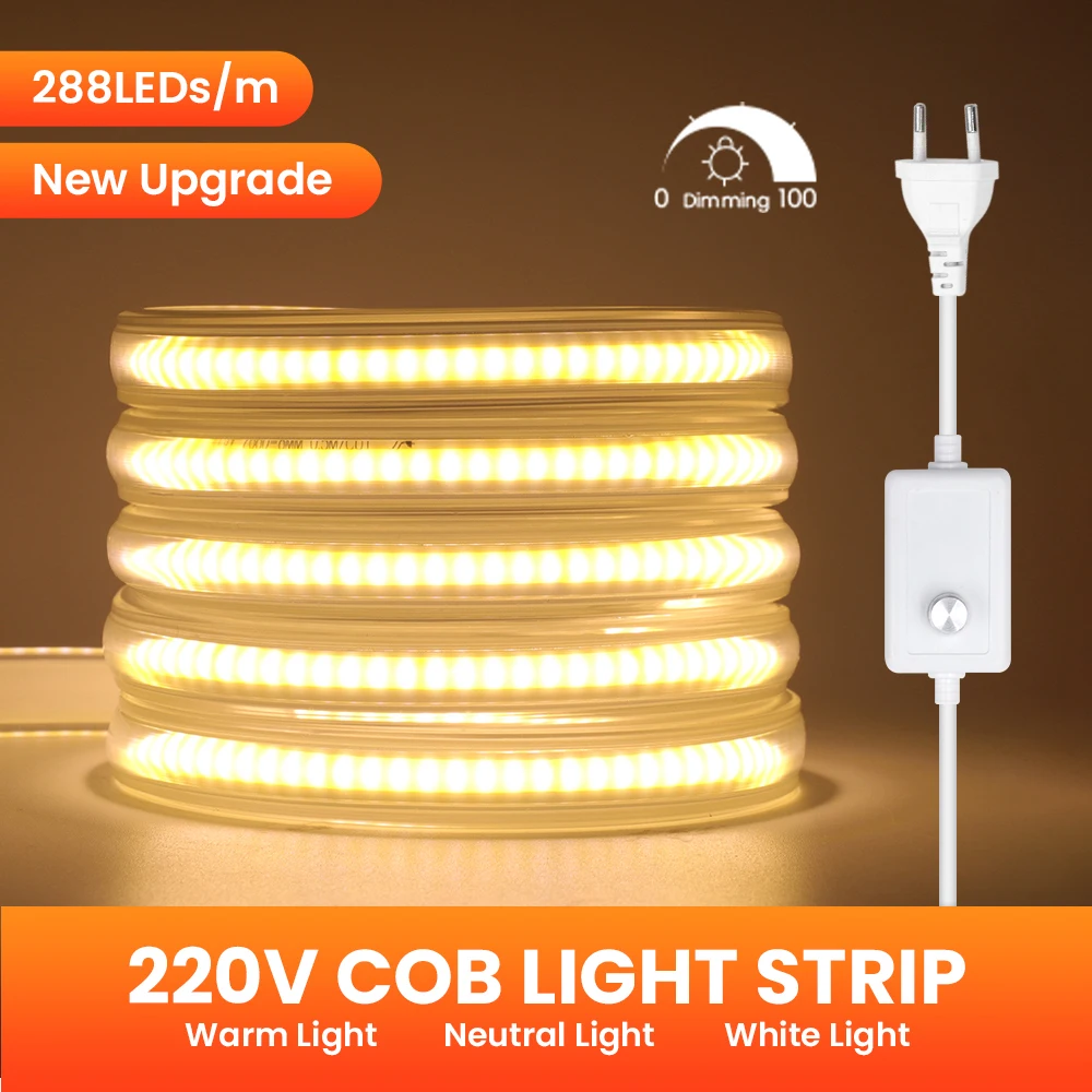

220V Switch Dimmable COB LED Strip Light Bright Flex Waterproof Warm White Natural 288Leds/M EU Power Plug Room Lighting 0.5m 5m