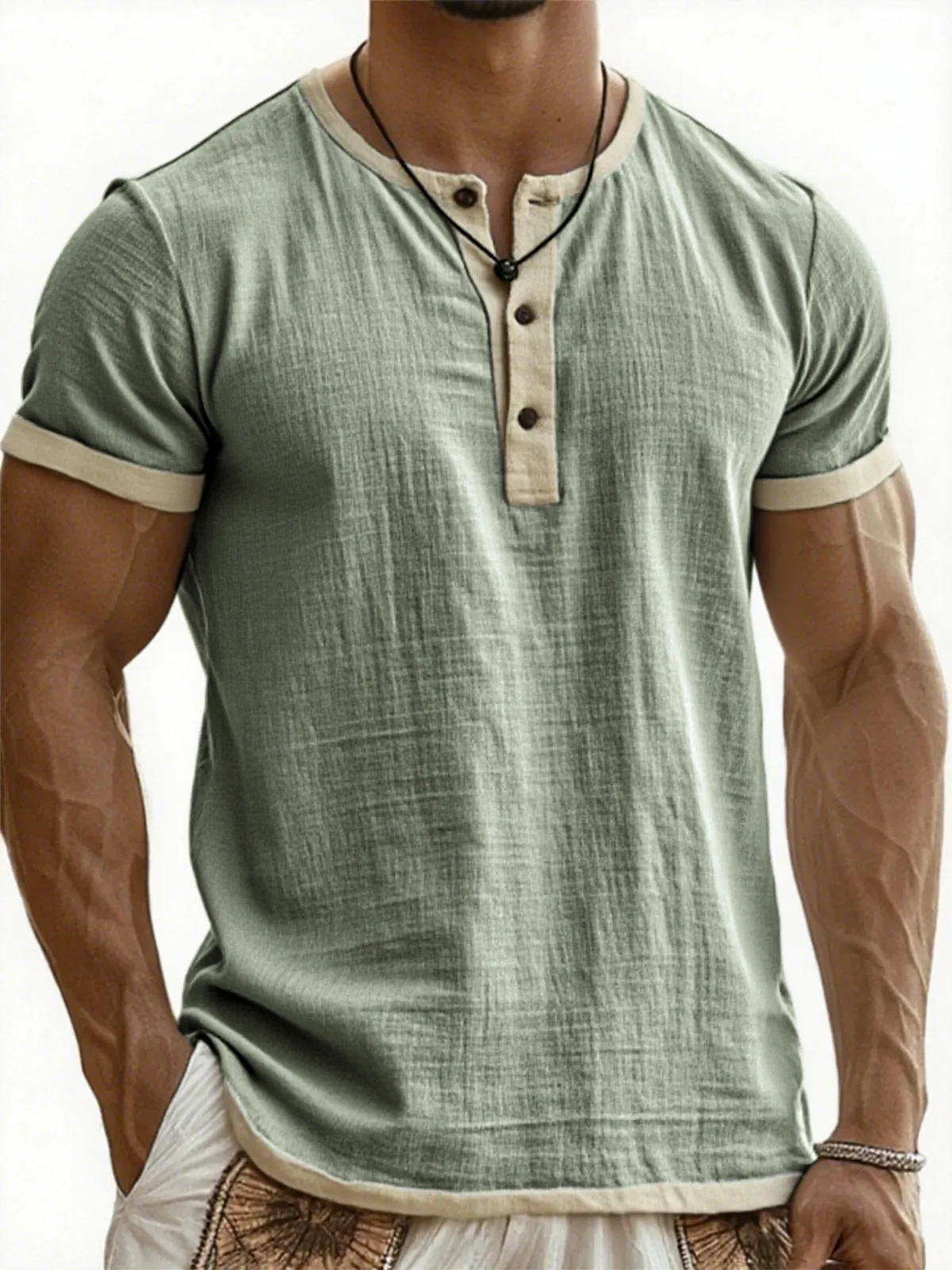 Summer New Men's Cotton Linen Shirt Casual Contrast Trim Short Sleeve Top Breathable Comfort Slim Fit Sports Casual Shirt