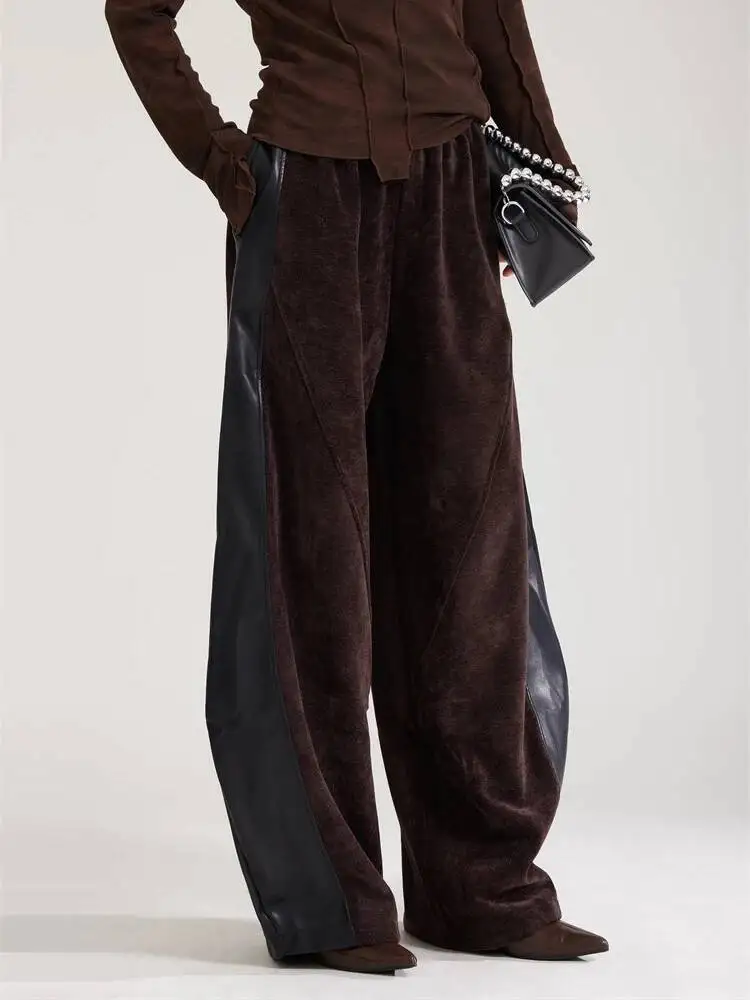 Hochwertige Kaffeefarbene Taillenhose aus Elastischem PU-Leder mit Weitem Bein Neue Damenhose Mode Frühling Herbst 2026 L7IW