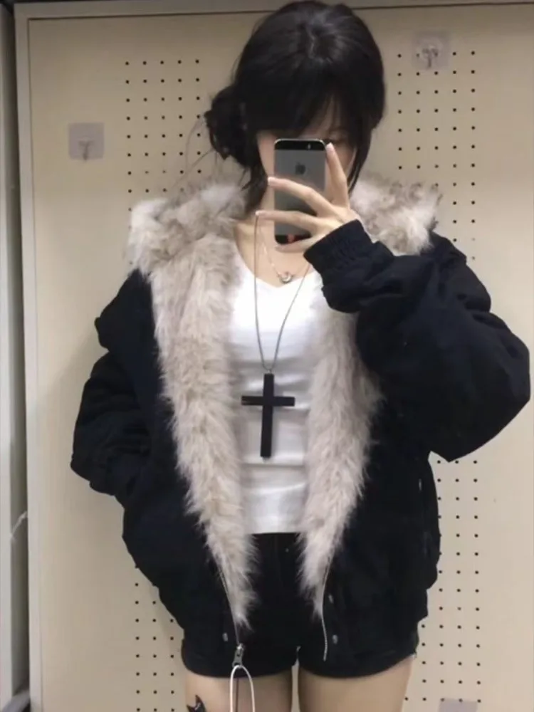 

Deeptown Liner Fur Y2k Hooded Women Jackets Casual Black Thick Vintage 2000s Punk Cropped Parkas Outerwear Grunge Jackets Gothic
