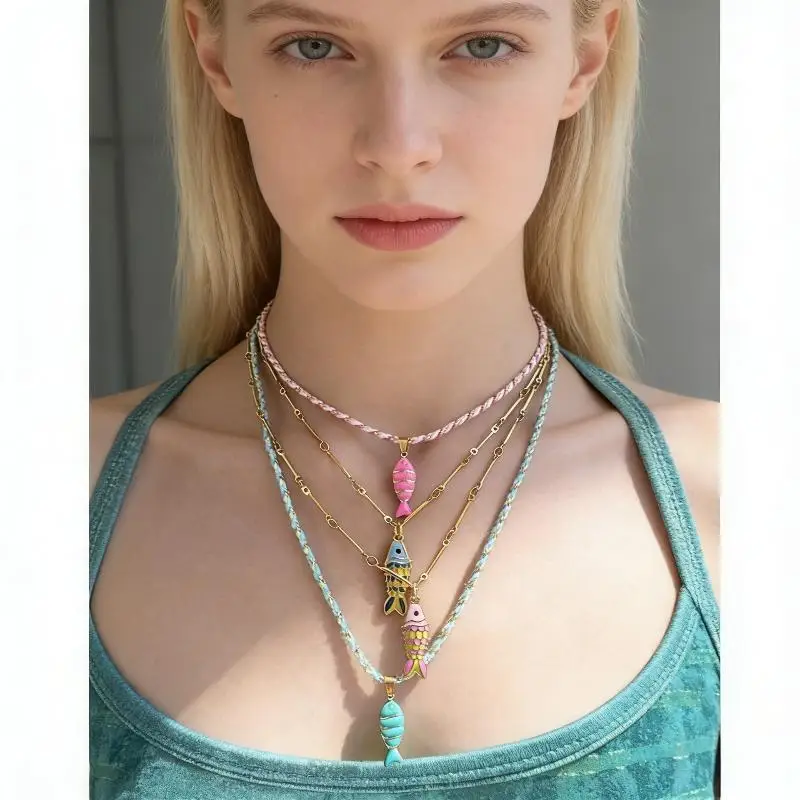 Bohemian Layered Fish Pendant Necklace Colorful Enamel Adjustable Chain Lightweight for Women Outdoor Picnic Wear