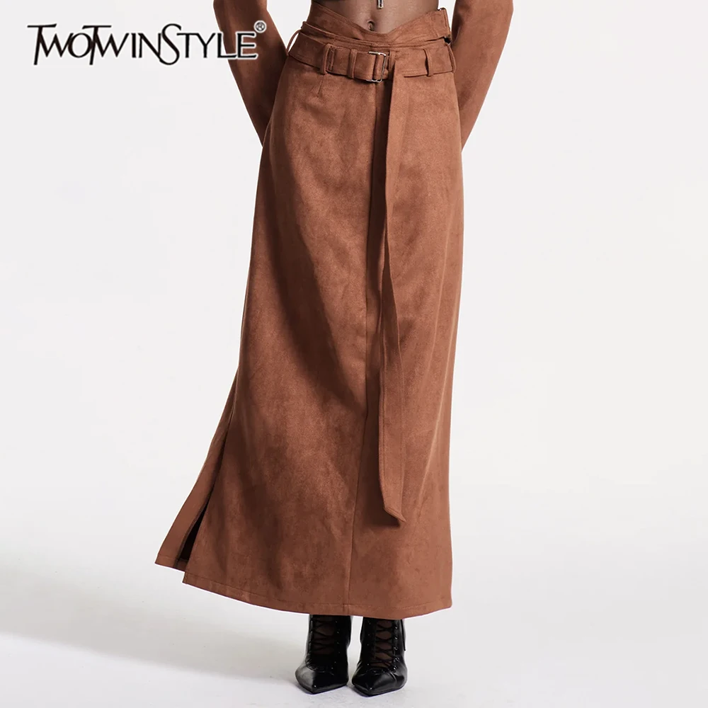 

TWOTWINSTYLE Solid Spliced Belt Minimalist Vintage Long Skirts for Women High Waist Temperament Skirt Female Fashion Clothes New