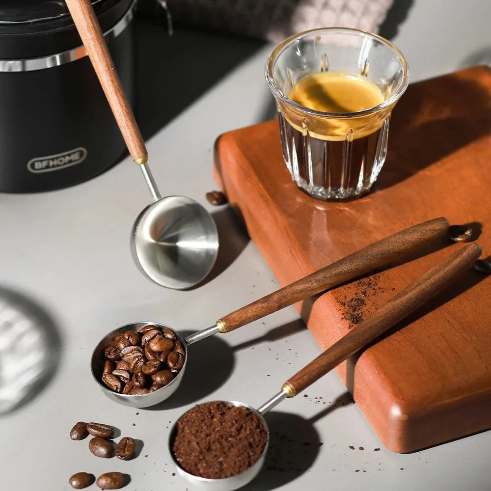 304 Stainless Steel Coffee Bean Measuring Spoons Walnut Handle Long Handle Coffee Powder Measuring Spoon 3/8/23ML Coffee Scoop
