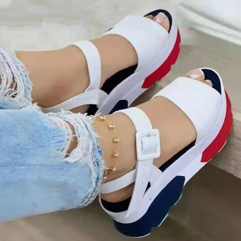 New Women Sandals Peep Toe Solid Color Buckle Woman Wedge Sandal Summer Comfort Casual Shoes Platform Female Sandals