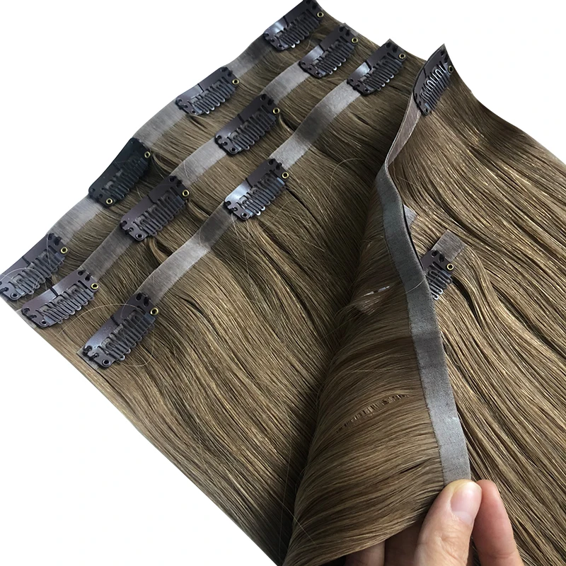 Straight Clip In PU Hair Extensions Real Virgin Human Hair Brazilian Hairpiece 6pc/set Seamless Full Head 10-30\