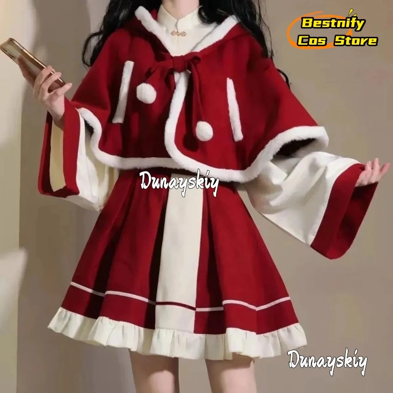 2024 Kerst Xmas Lady Kerstman Cosplay Kostuum Winter Rok Pak Vrouwen Lolita Jurk Rode Capuchon Cape Sjaal Volledige Set Uniform