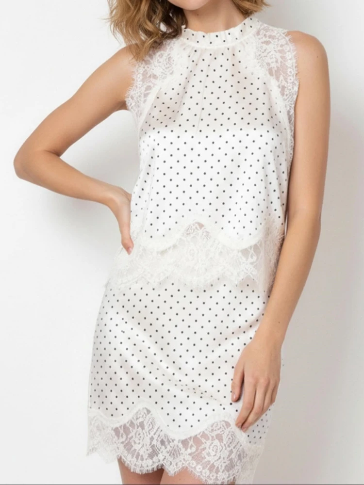 

Женский атласный костюм с кружевной отделкой, без рукавов, с открытой спиной, топ с высоким воротником в сочетании с мини-юбкой, летний наряд в стиле Y2K