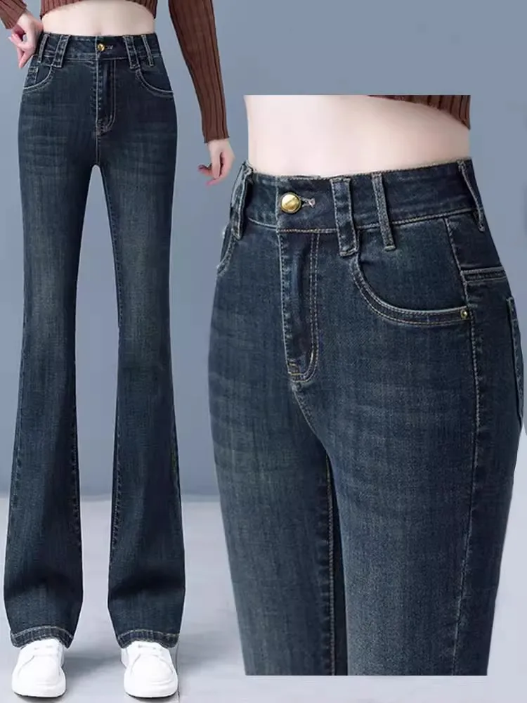 

Женские джинсы с высокой талией на флисовой подкладке, весенне-осенние, новые, эластичные, облегающие, расклешенные, из денима, повседневные, удобные, комфортного кроя