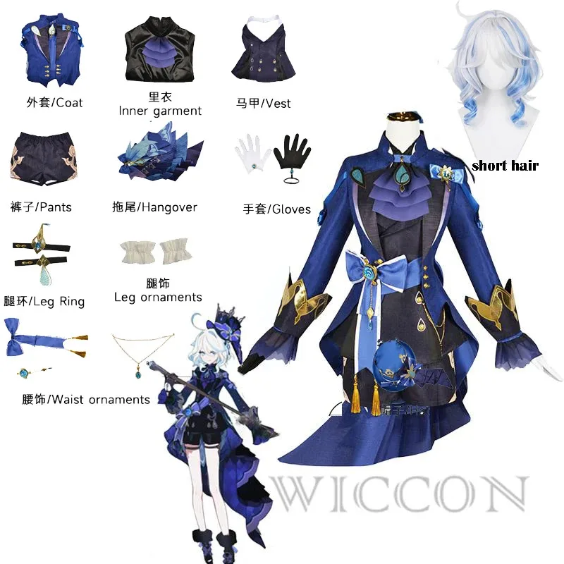 جديد 2025 زي فورينا الأسود قبعة شعر مستعار Genshin أنيمي Ousia Focalors لعبة ملابس تنكرية أحذية فستان نسائي للحفلات ❤ ❤ د