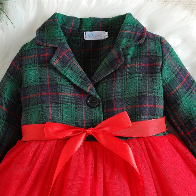 Girls Christmas Dress Plaid Patchwork Turn-Down Collar Layered Tulle Long Sleeve Princess Dress Fall Winter Outfit for Kids