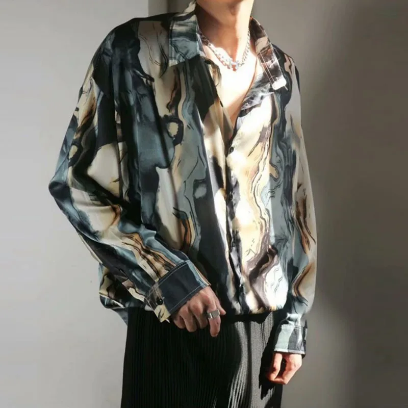 Camisa de manga larga con estampado gráfico para hombre, ropa de calle con botones y solapa, estilo Y2K, Harajuku, Otoño, 2023