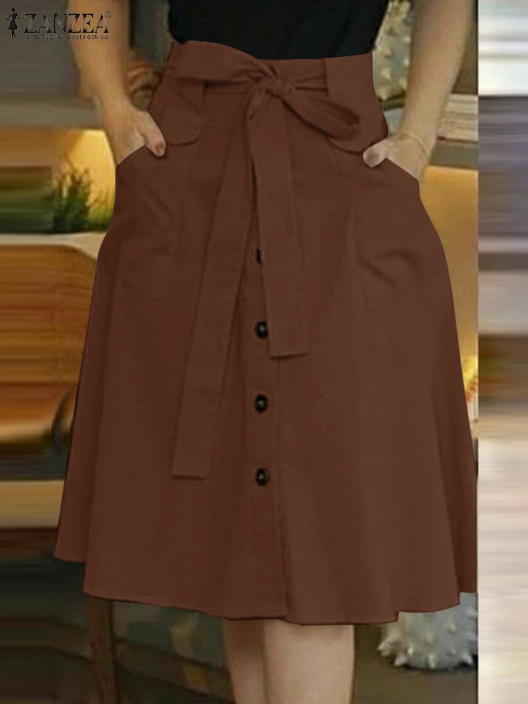 ZANZEA 2024 Sommer Button Up Knie-länge Röcke Mit Gürtel Elegante Frauen Mode Kurze Jupes Hohe Taille Solide A-line faldas Mujer