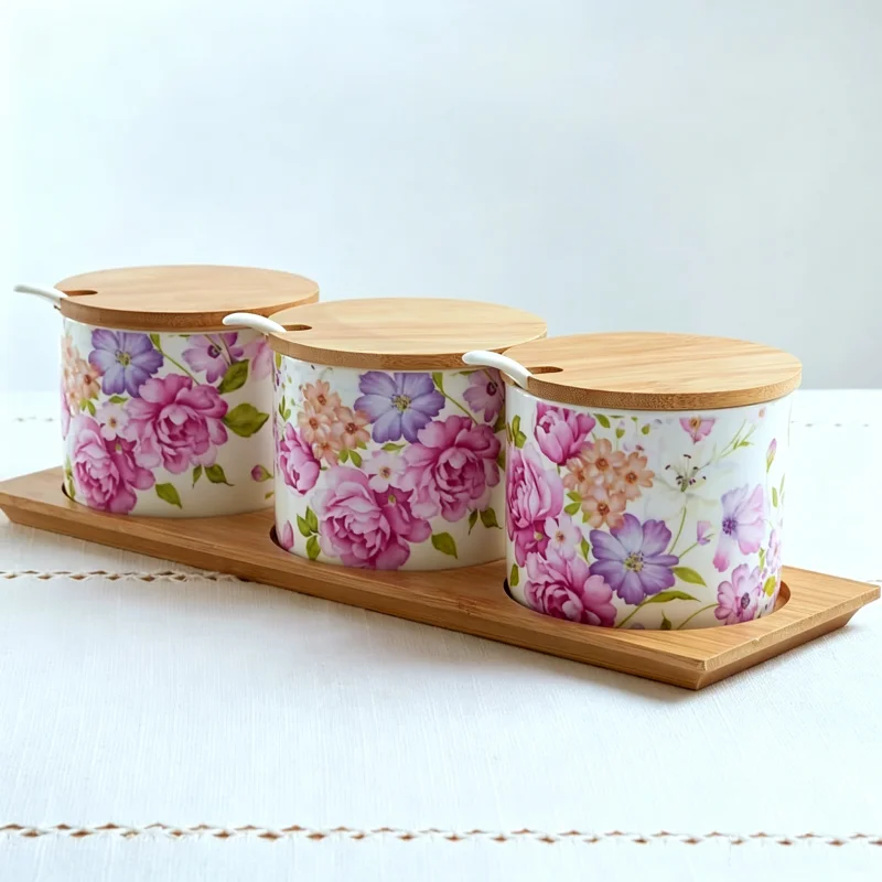 3pcs set, fine bone china spice rack set with spoon and lid, pink lower design, salt and pepper spice jar, porcelain spice box