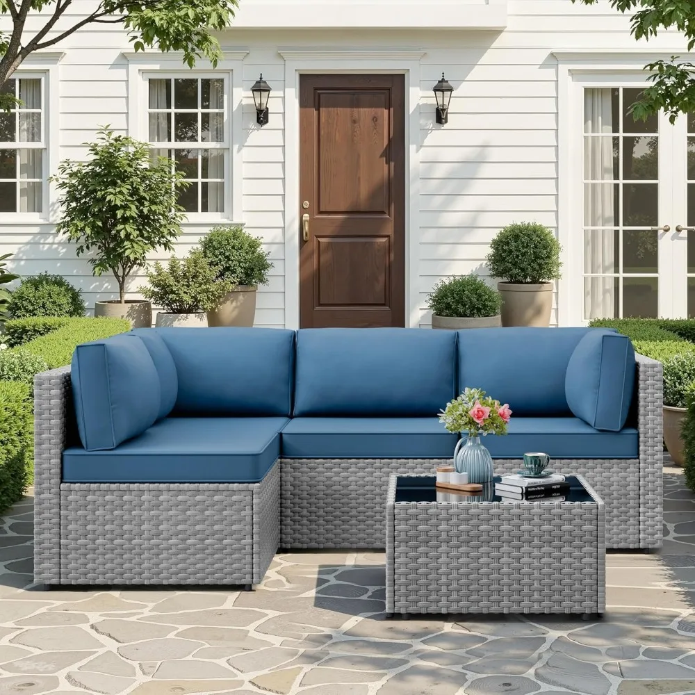 5-Piece Wicker Outdoor Sectional Sofa with Cushions, Modular Patio Set for Backyard Deck Garden & Poolside, Blue, Custom
