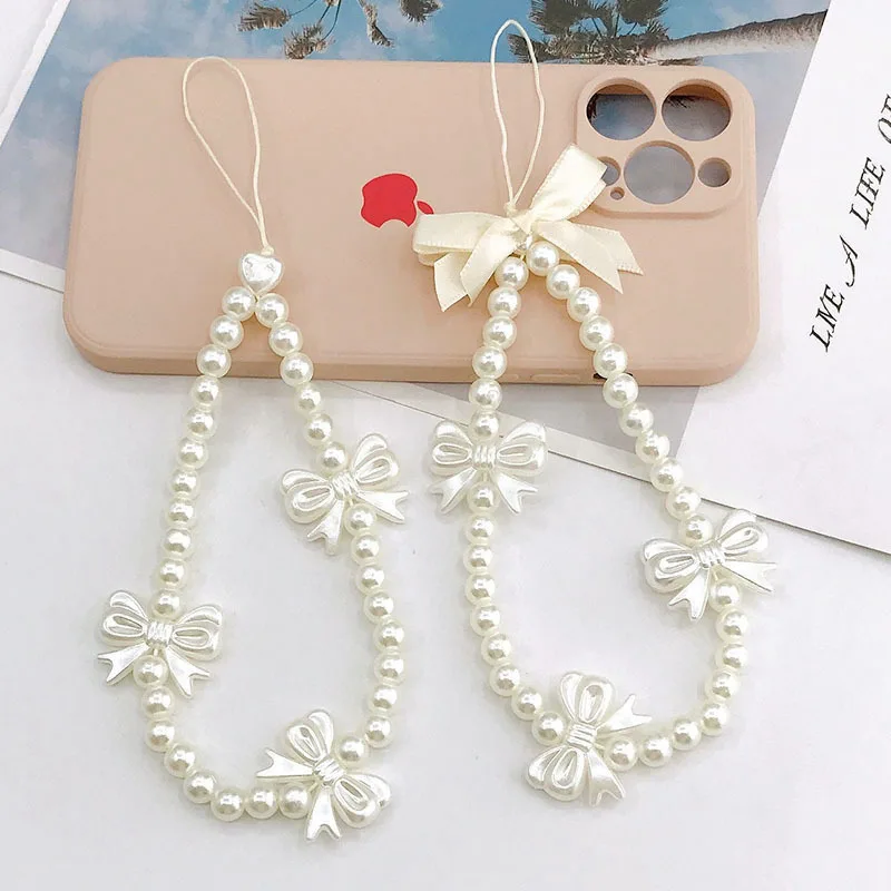 Handmade Beaded Mobile Phone Chain for Girl, Heart, Pearl, Bow, Short U Disk Pendant, Female, New