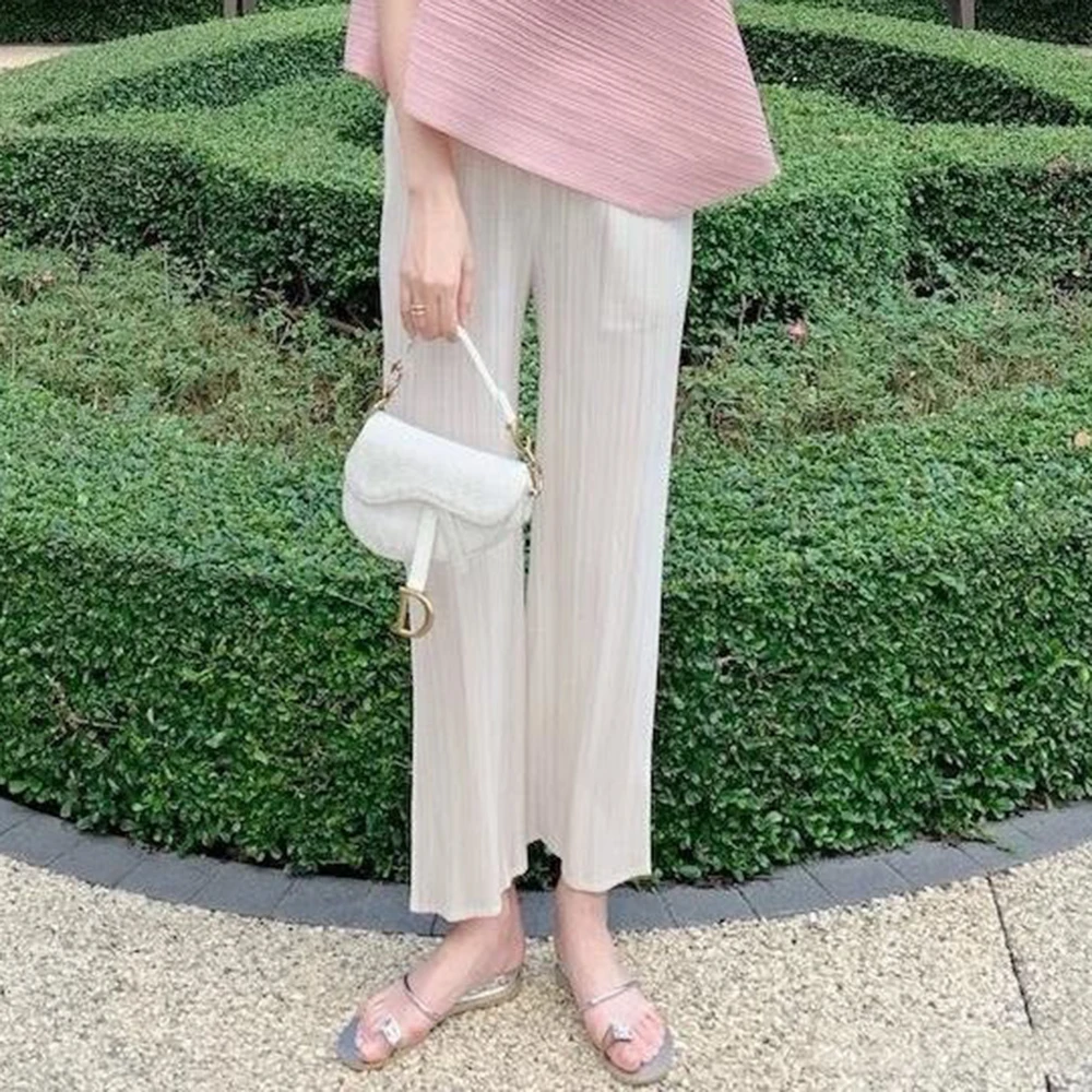 Wrinkled pink wide leg pants for women in summer 2025, new style high waist, slimming effect, loose and casual cropped pants