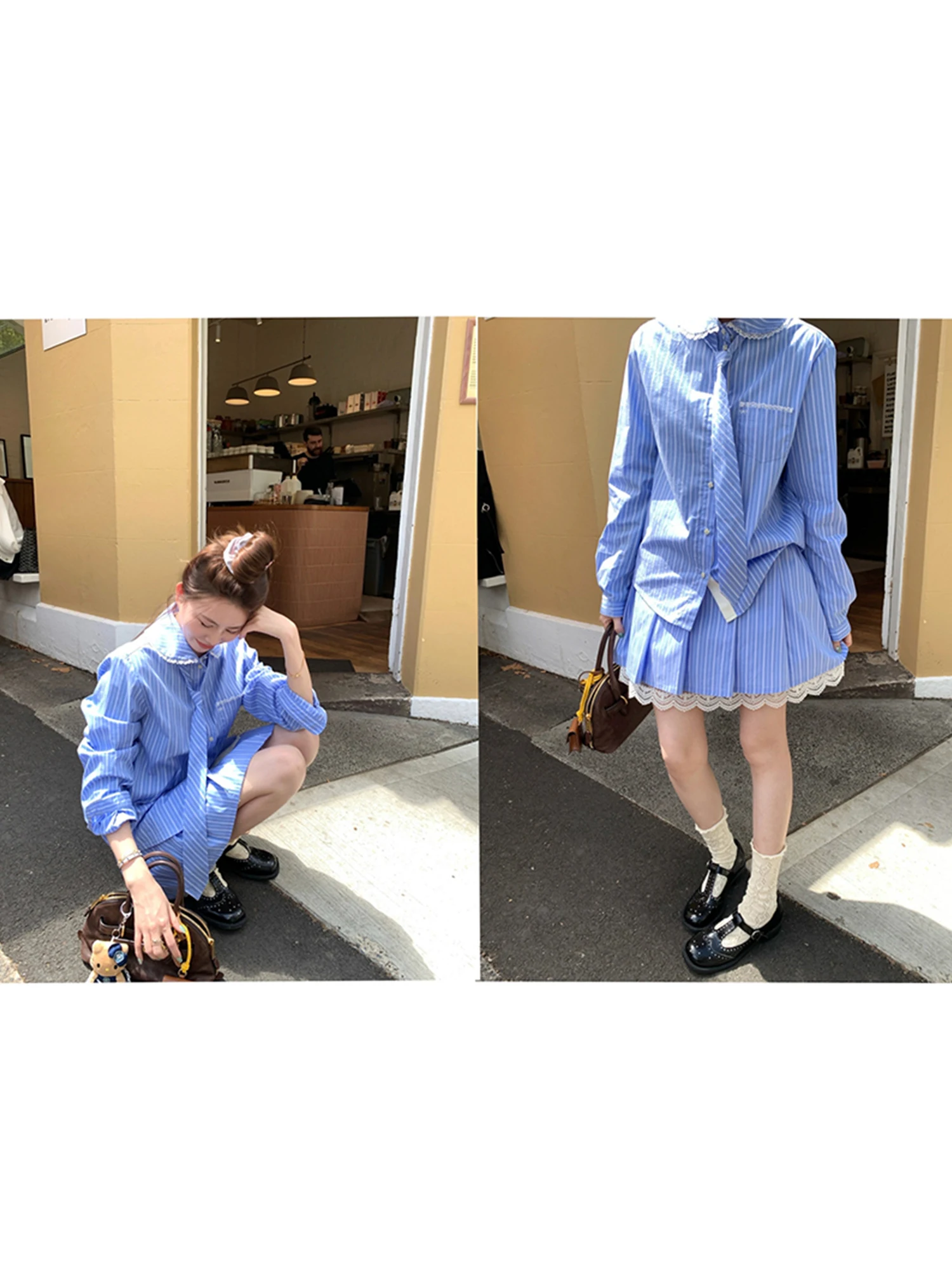 

Sweet Sle Ivy Diary Tnt Girl Blue Stripe Lace Patchwork irt Skirt Set Realzz Cotton Nylon Spandex Casual Spring Women
