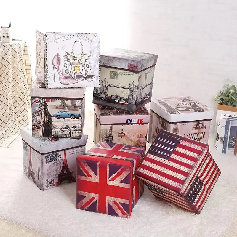 

Multifunctional Folding Vintage Print Covered Storage Stool Folding Storage Cabinet Children's Cartoon Toy Storage Stool