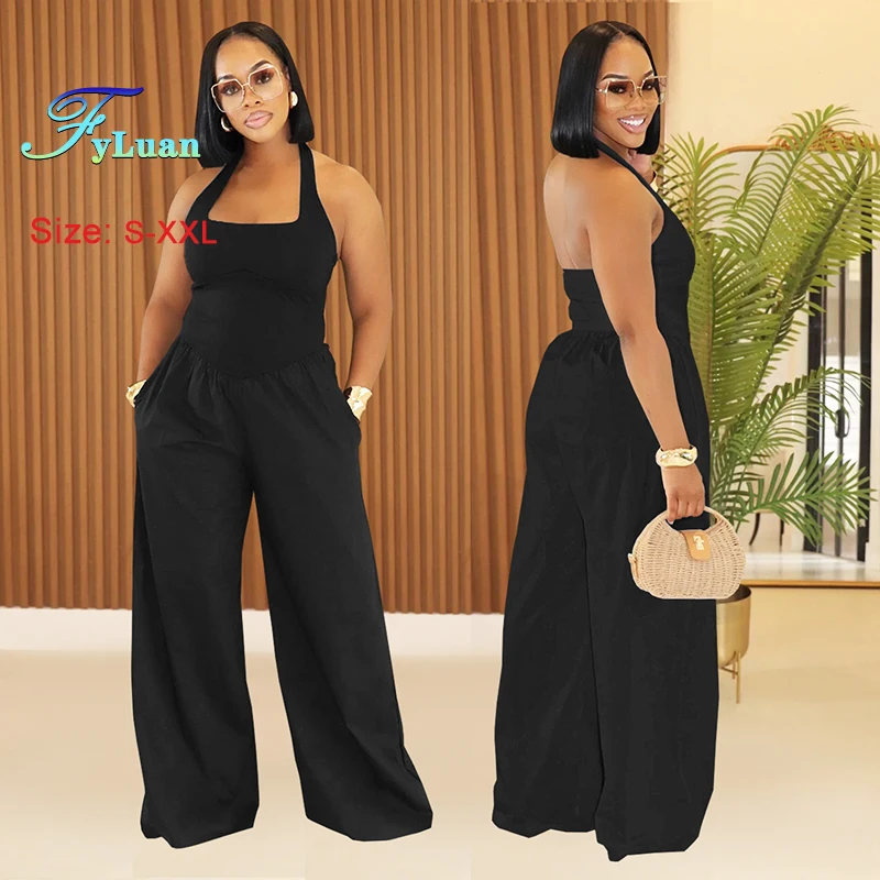 

Summer Casual Backless Women Jumpsuits Sexy Solid Color Hanging Neck Off Shoulder Ladies Wide Legs Pants Loose One-Piece Tracksu