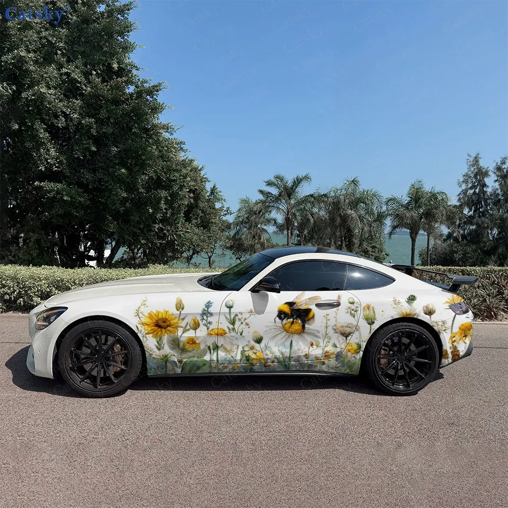 

Summer Bee In Flower Car Side Wraps, Self-Adhesive PVC Waterproof & Scratch-Resistant Stickers, Car Accessory Gift