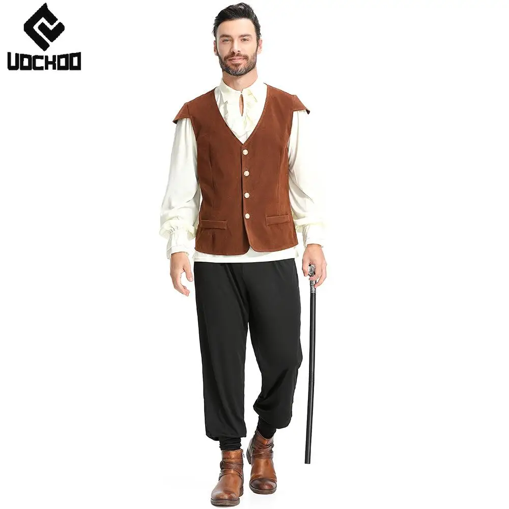 

Men's Renaissance Medieval Pirate Costume Set Shirt Brown Suede Vest Pants for Halloween Cosplay Party Clothes Set