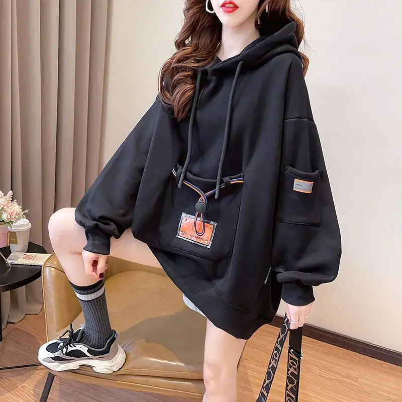 Large Size 200 Pounds Medium Long Hooded Sweatshirt Women\'s Thin 2024 New Spring Korean Version Loose Top Jacket Ins Trend