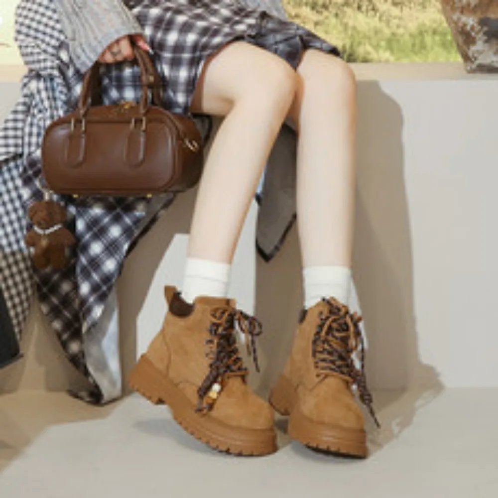 

Fashion Boots Autumn New Round Toe Suede Lace-up Platform Non-slip Wear-resistant Square Heel Mid-leg Boots