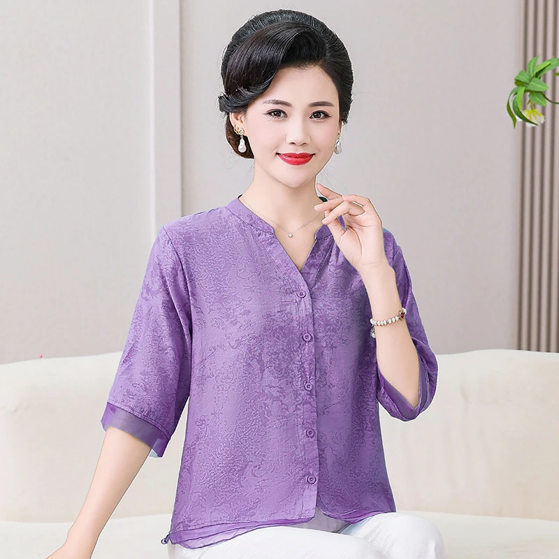 

2026 V-neck Blouse Retro and Artistic Loose Embroidered Three-quarter Sleeve Shirt Top New Spring Summer Collection