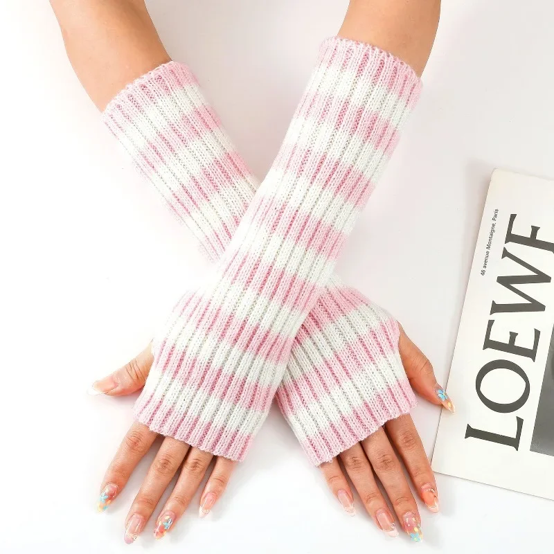 Women's Knitted Fingerless Arm Sleeves Gothic Style Striped Winter Long Arm Warmers Girls Harajuku Y2K Fashion Wrist Gloves