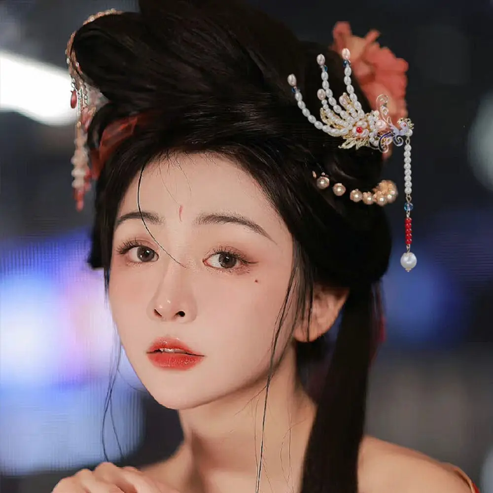 Chinese Hanfu Headwear Classical Cloisonne Phoenix Pearl Tassel Hair Stick Exquisite Hairpin Girl Hair Chopsticks Ancient